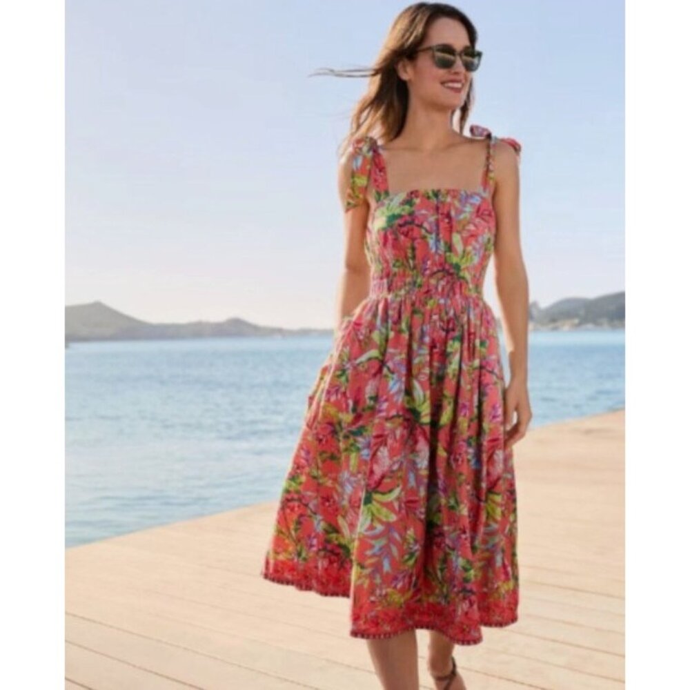 Lands End Floral Textured Tie Shoulder Midi Dress Size Large Colorful Sundress